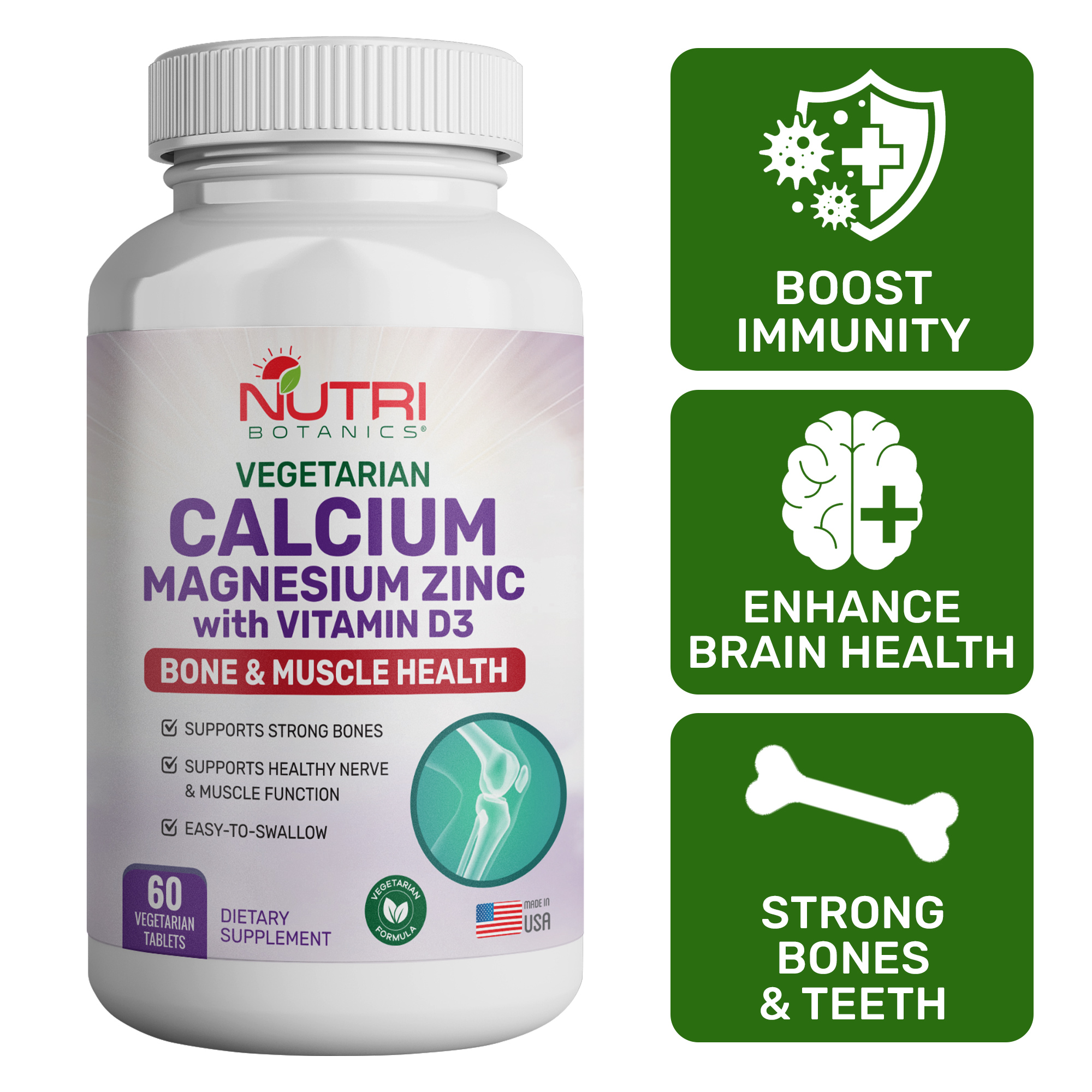 Nutri Botanics Calcium Magnesium Zinc + Vitamin D3 Support Strong Bones, Teeth & Muscle